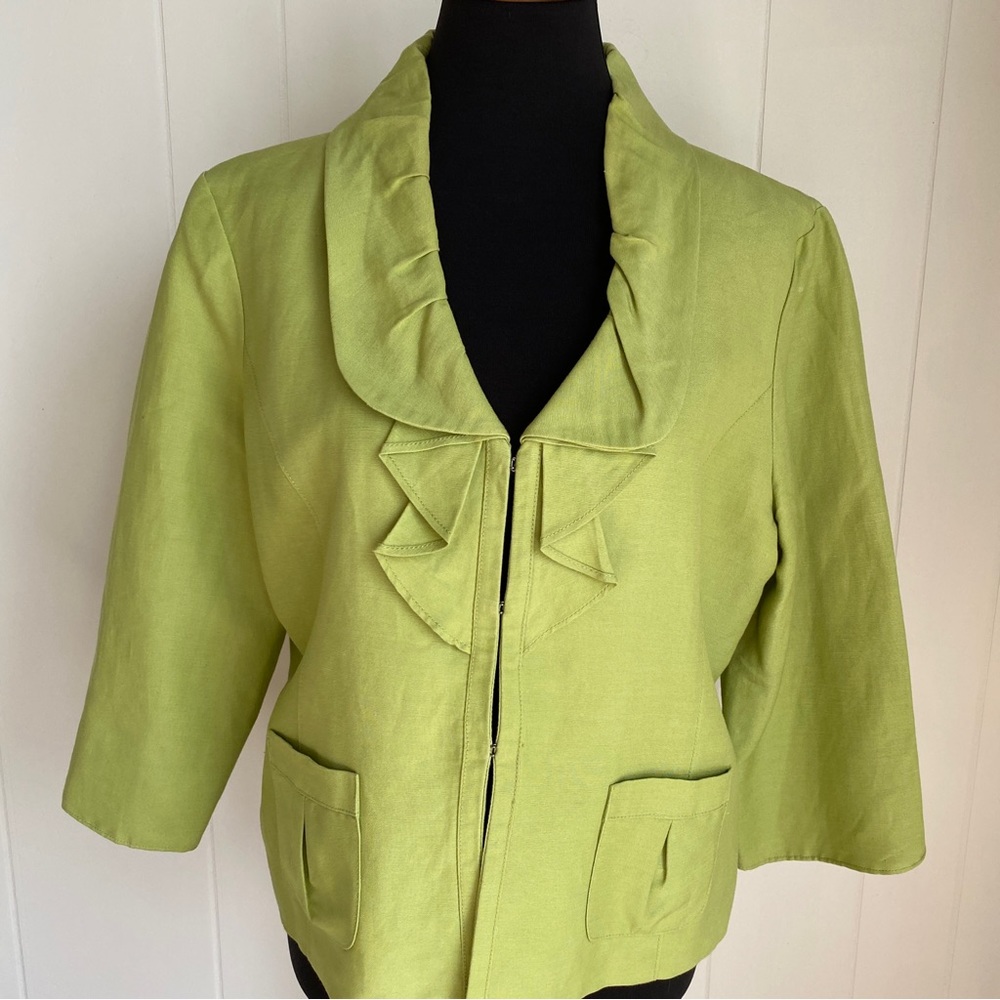 Ruby Red Bright Green Linen Blend Women’s Jacket with Ruffled Collar Size 14
